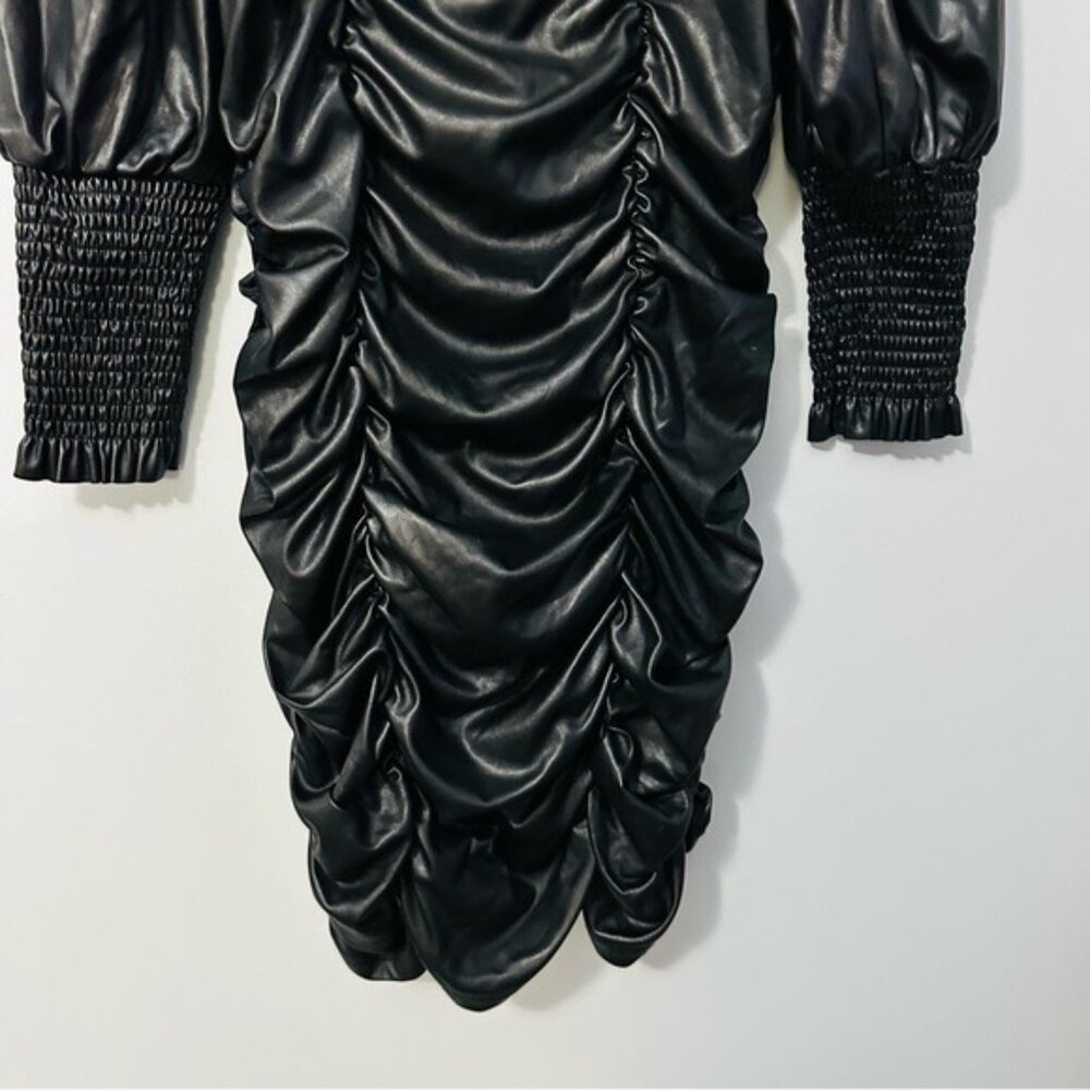 Topshop Faux Leather Ruched Mini Dress Black Puff Sleeve Y2K Baddie US 12 - Picture 6 of 12